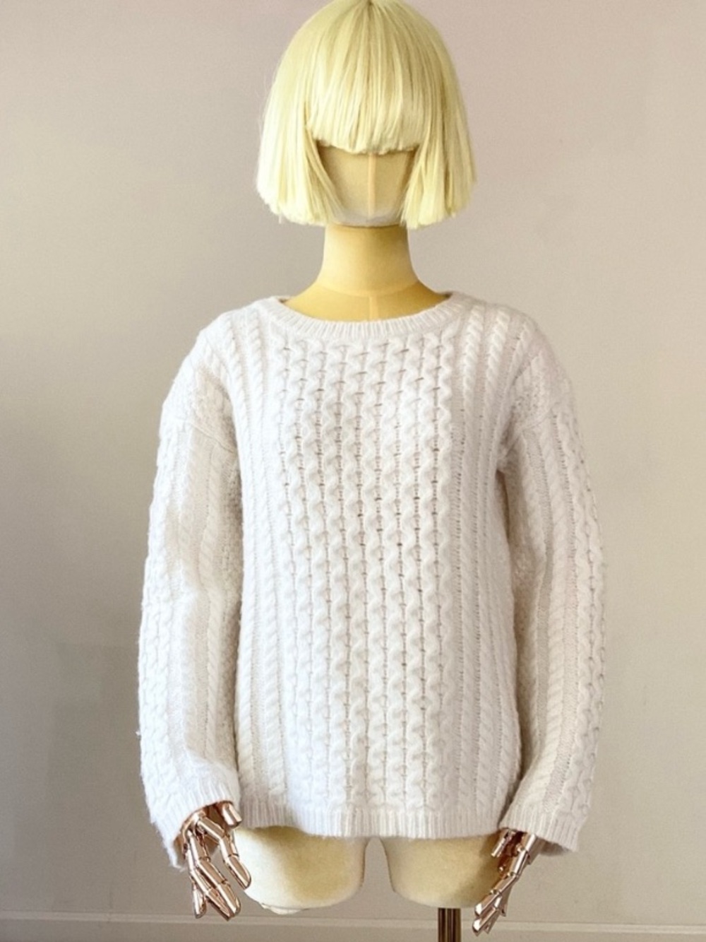Nili Lotan Classic Fisherman’s Cable Knit Crewneck Sweater Cream S XS